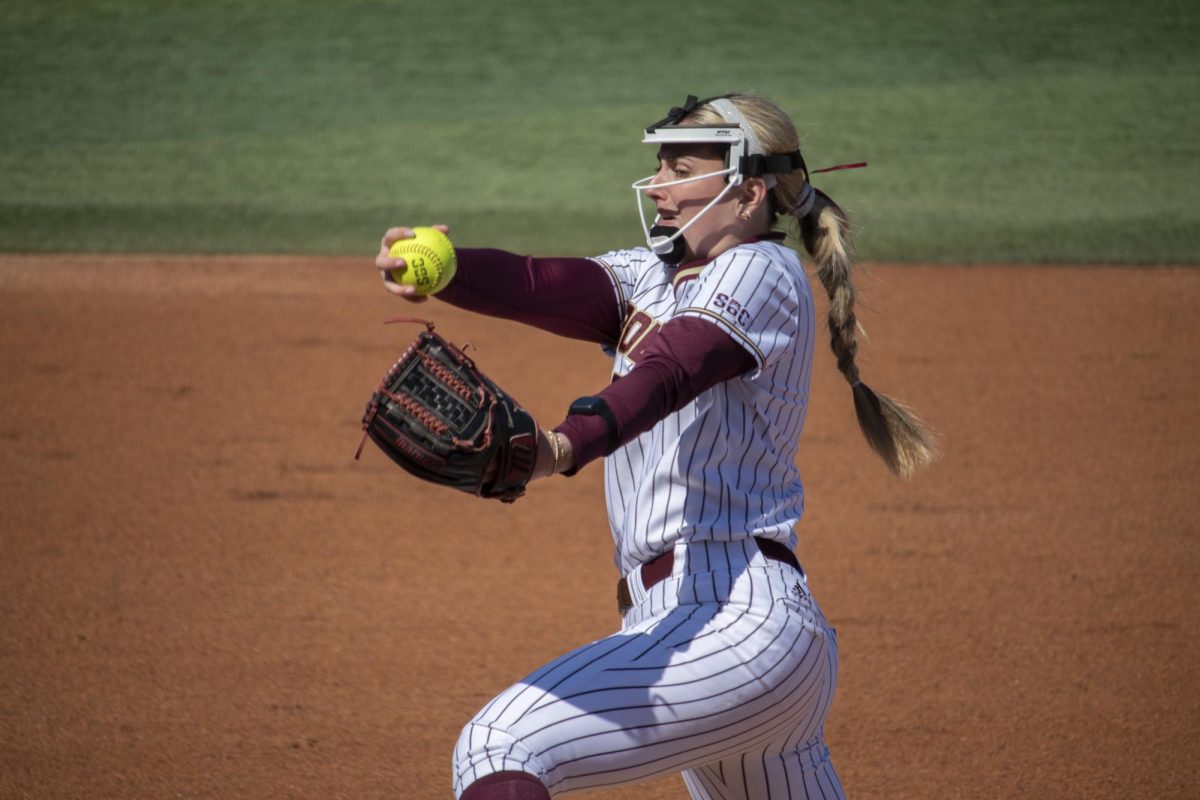 Texas State junior pitcher Emma Strood (25) pitches against the University of New Mexico, Sunday, Feb. 16, 2025 at the Bobcat Softball Stadium. The Bobcats beat the Lobos 6-2.