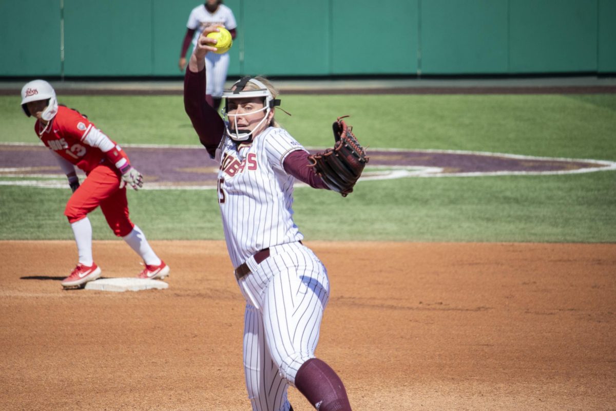 Texas State junior pitcher Emma Strood (25) pitches against the University of New Mexico, Sunday, Feb. 16, 2025 at Bobcat Softball Stadium. The Bobcats beat the Lobos 6-2.