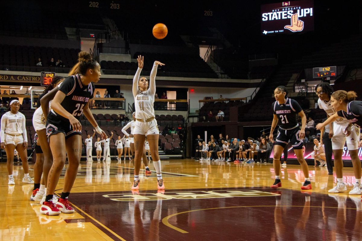 Senior forward Jaylin Foster (#11) shoots a free-throw during the game against Arkansas State University, Wednesday, Jan. 8, 2025, at Strahan Arena.