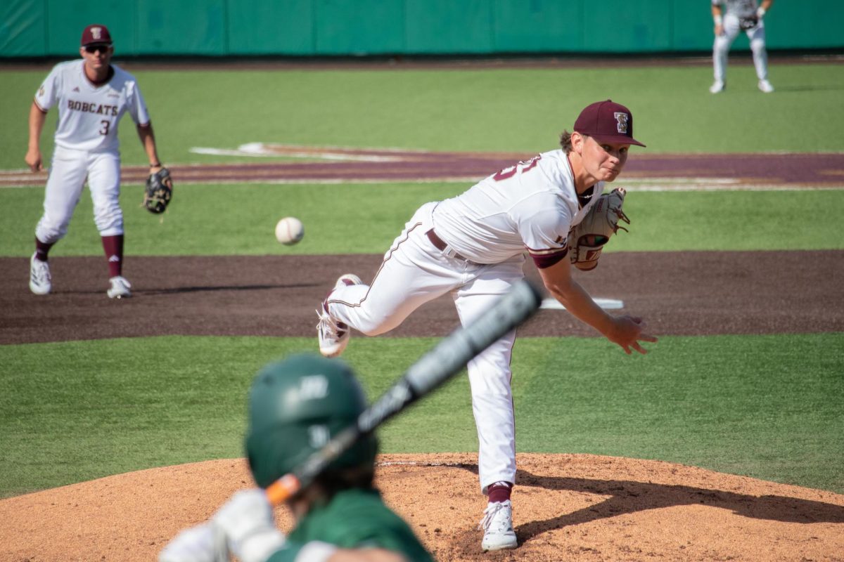 Texas State junior pitcher Sam Hall (36) throws a pitch against Binghamton, Saturday, Feb. 15, 2025, at Bobcat Ballpark. Bobcats defeated Binghamton 8-7.