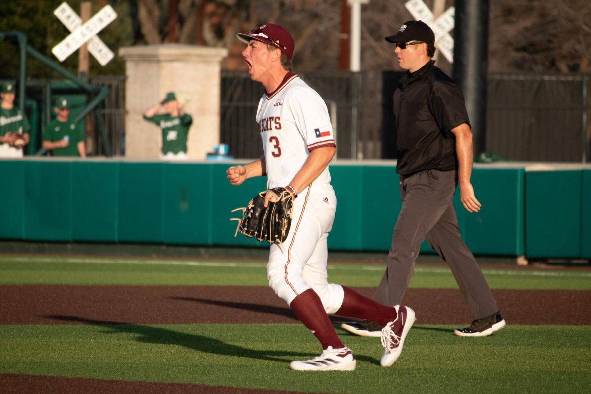 Texas State sophomore shortstop Ryne Farber (3) celebrates Texas State's win over Binghamton, Saturday, Feb. 15, 2025 at Bobcat Ballpark. Bobcats beat Binghamton 8-7.