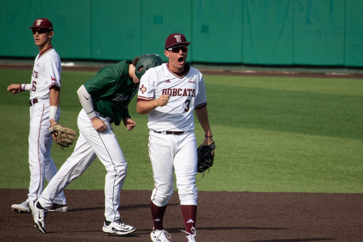 Texas State sophomore shortstop Ryan Farber (3) celebrates getting a player from Binghamton out, Saturday, Feb. 15, 2025 at Bobcat Ballpark. Bobcats beat Binghamton 8-7.