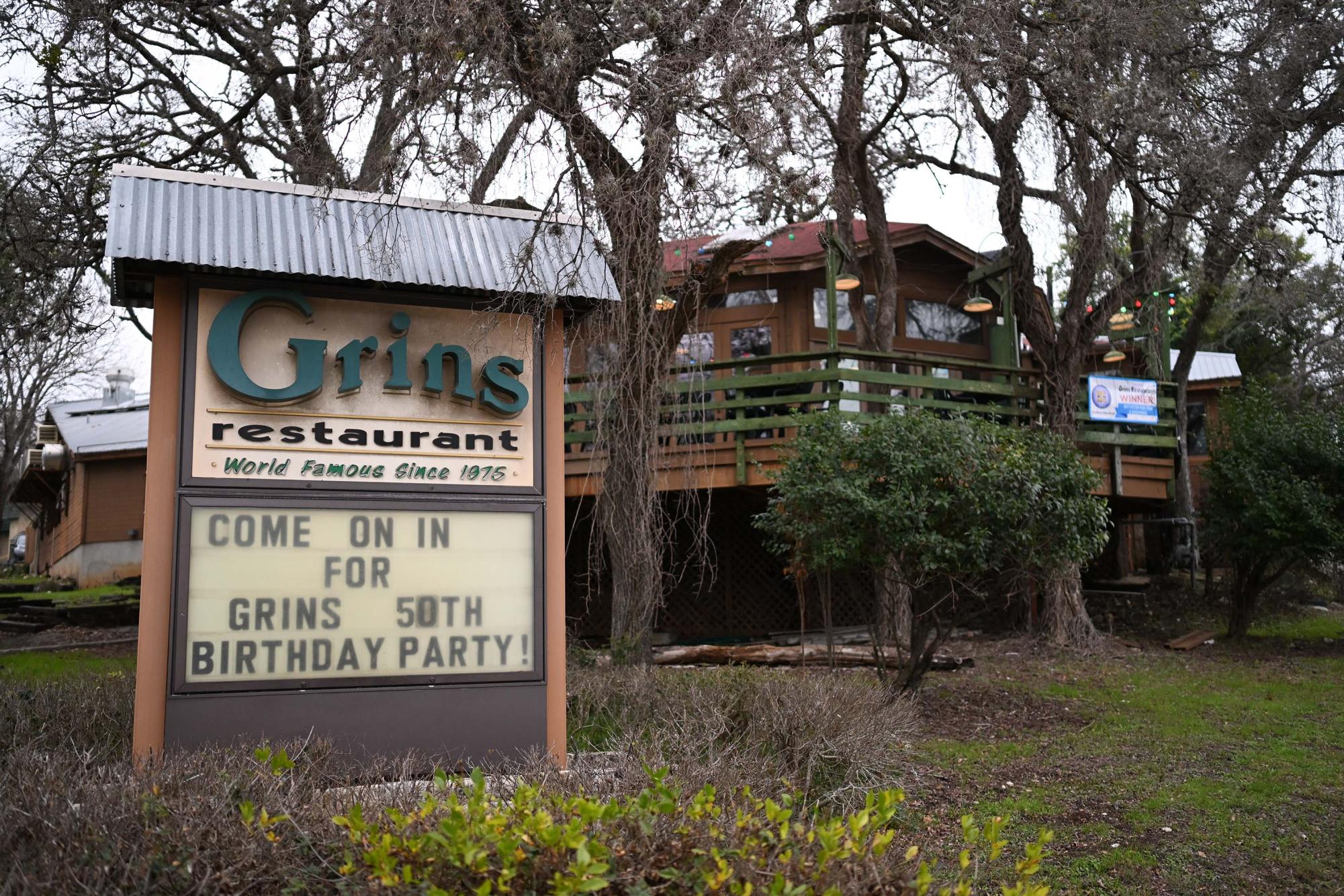 Grins restaurant inviting residents to its  50th anniversary party on their marquee, 
Friday, Feb. 14, 2025.