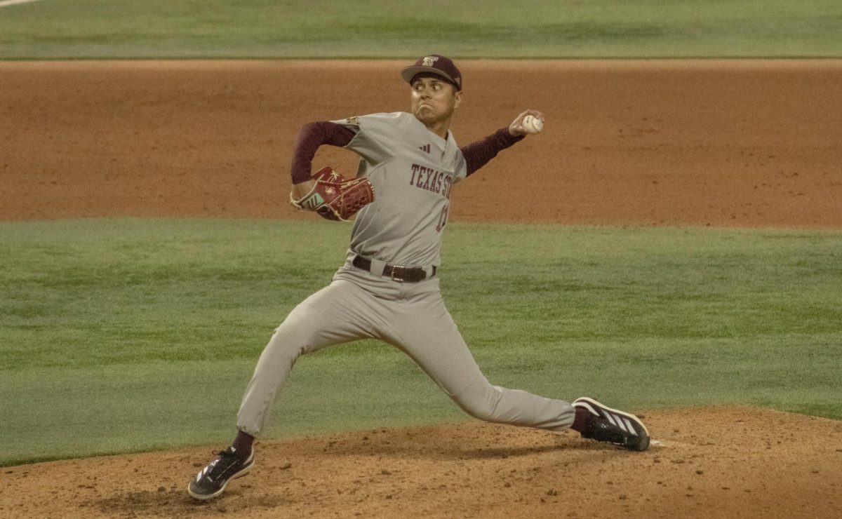 Texas State junior pitcher Jesus Tovar (13) throws a pitch against Oklahoma State, Tuesday, Feb. 18, 2025 at Globe Life Field in Arlington. Bobcats defeated Oklahoma State 4-2.