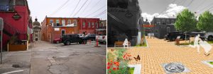 The Kissing Alley in San Marcos, located  on The Square on Thursday, Feb. 20, 2025. Next to the image is the concept mockup created by the Green Alley Initiative for the proposed improvements.