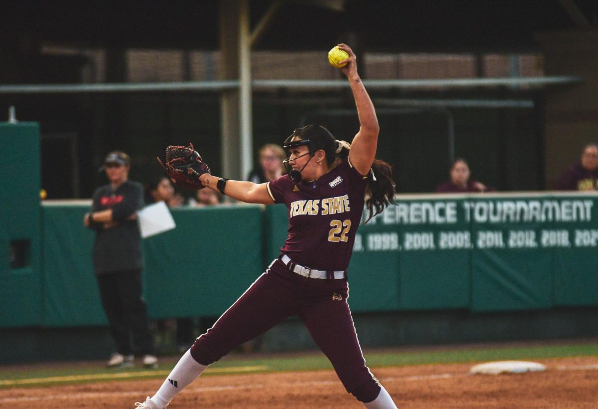 Texas State sophomore pitcher Maddy Azua (22) pitches against New Mexico on Saturday, Feb. 15, 2025, at Bobcat Ballpark.