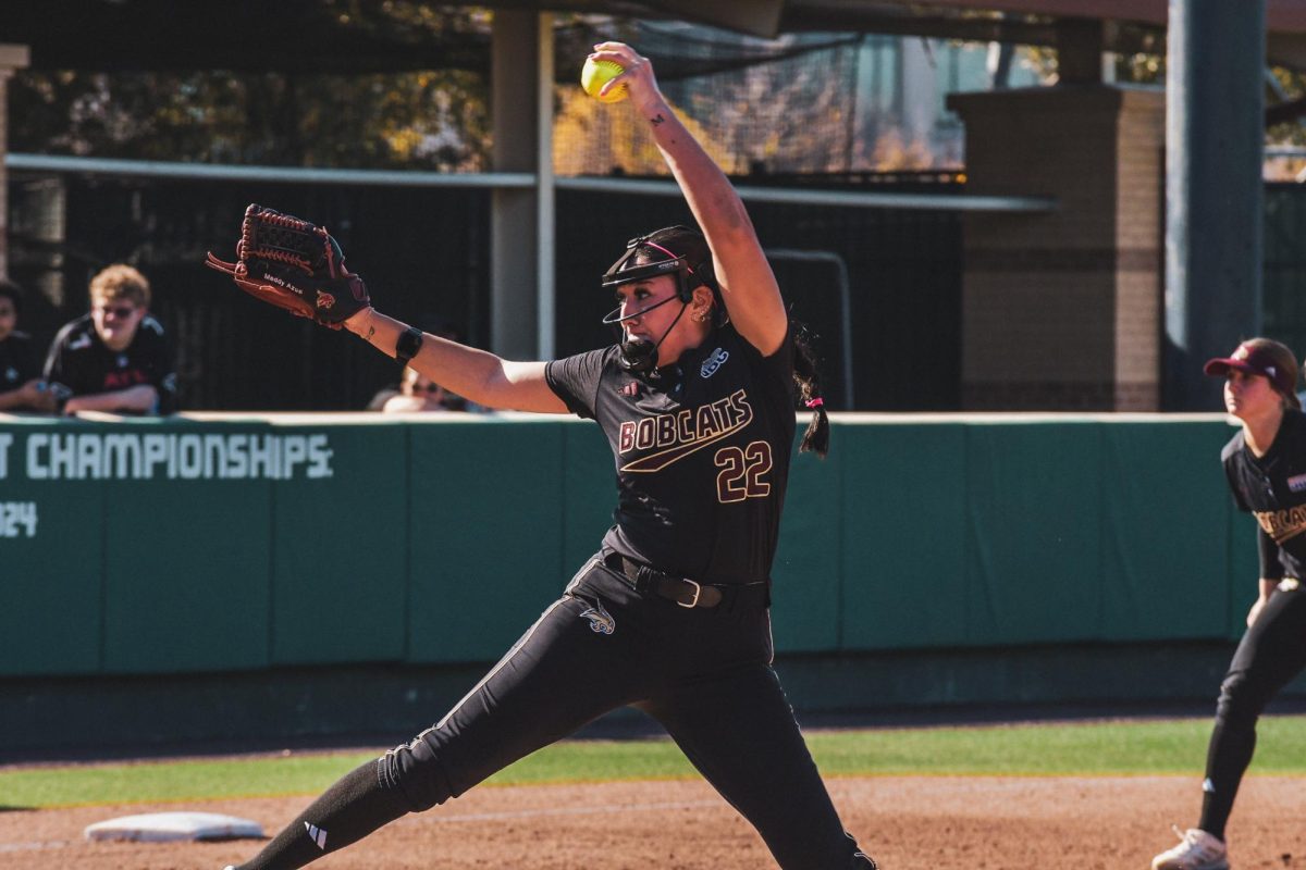 Texas State pitcher Madison Azua (22) pitches against Lipscomb University on Saturday, February 8, 2025, at Bobcat Ballpark.