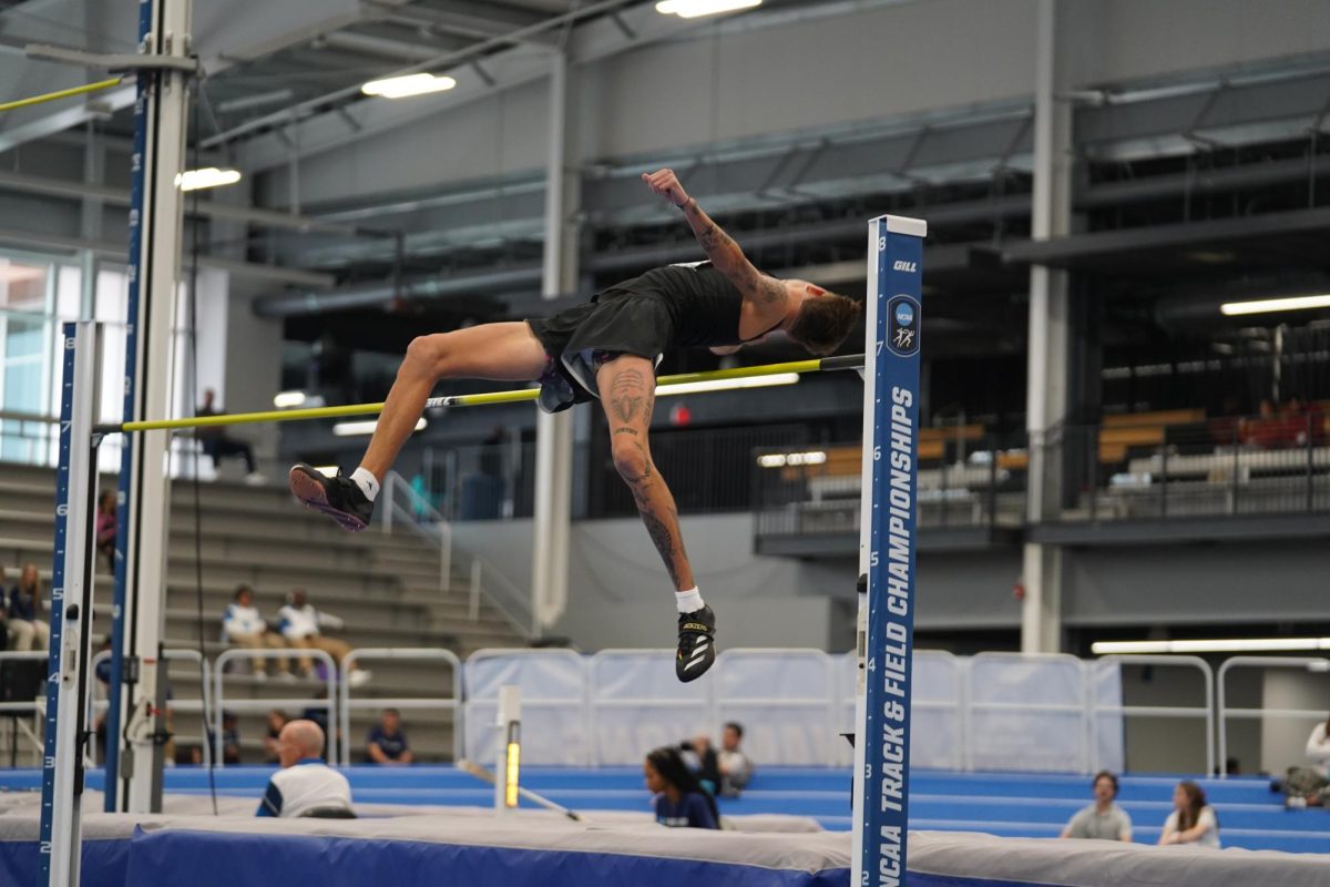 Senior Kason O'Riley attempting the high jump at the 2025 NCAA Indoor Championships in Virginia Beach, Virginia.