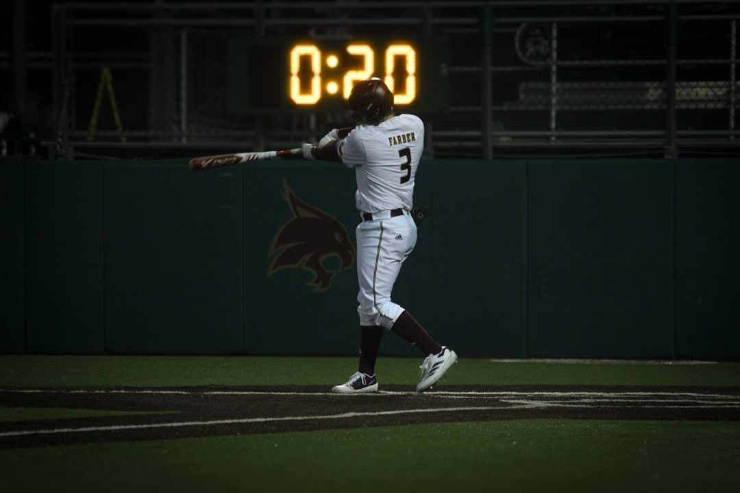 Sophomore shortstop Ryne Farber (3) is ready to bat during the game against Binghamton on Friday, Feb. 14, 2025, at Bobcat Ballpark. 