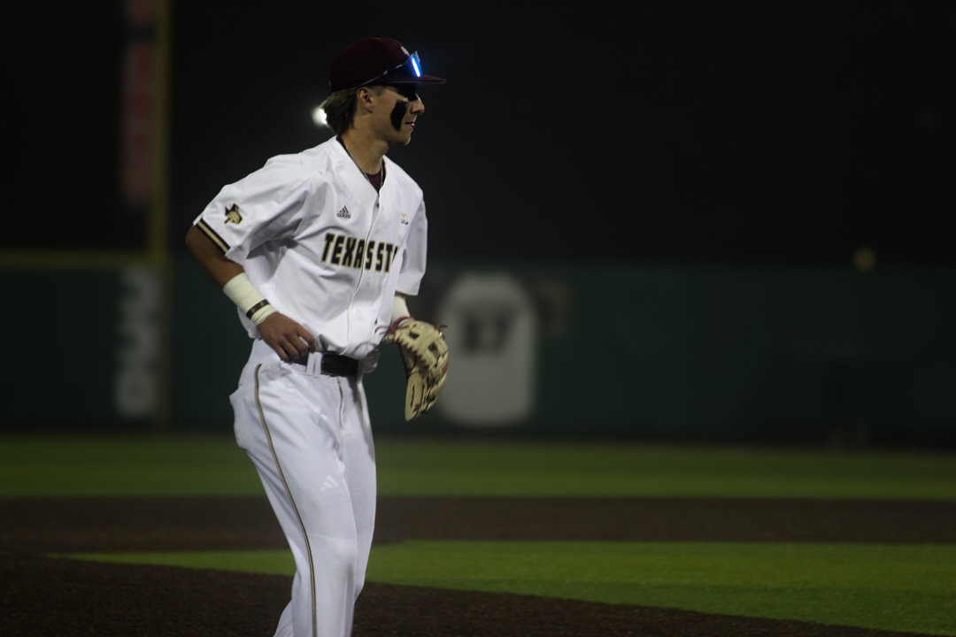 Junior infielder Chase Mora (2) stands ready during the game against Binghamton at Bobcat Ballpark on Friday, Feb. 14, 2025.