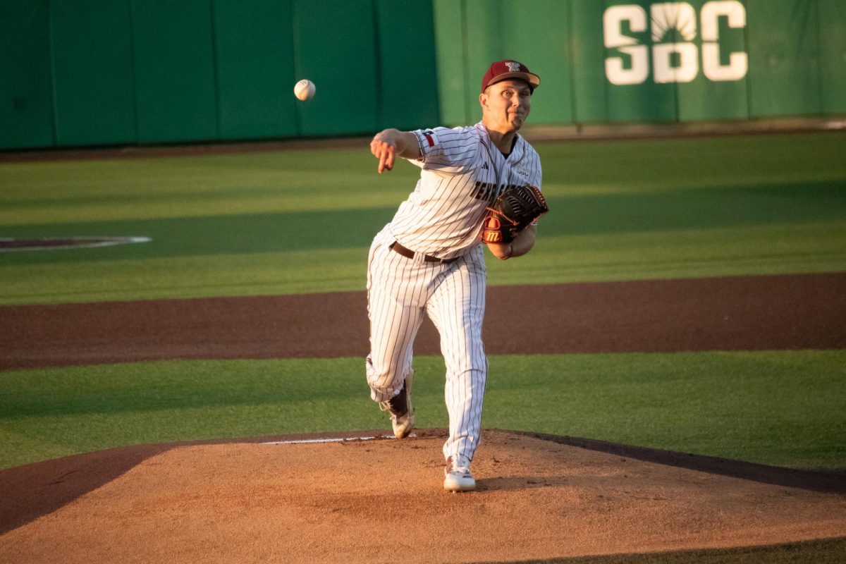 Texas State senior starting pitcher Jackson Teer (23) pitches against Grand Canyon University, Friday, Feb. 28, 2025 at Bobcat Ballpark. Bobcats lost to GCU 4-0.