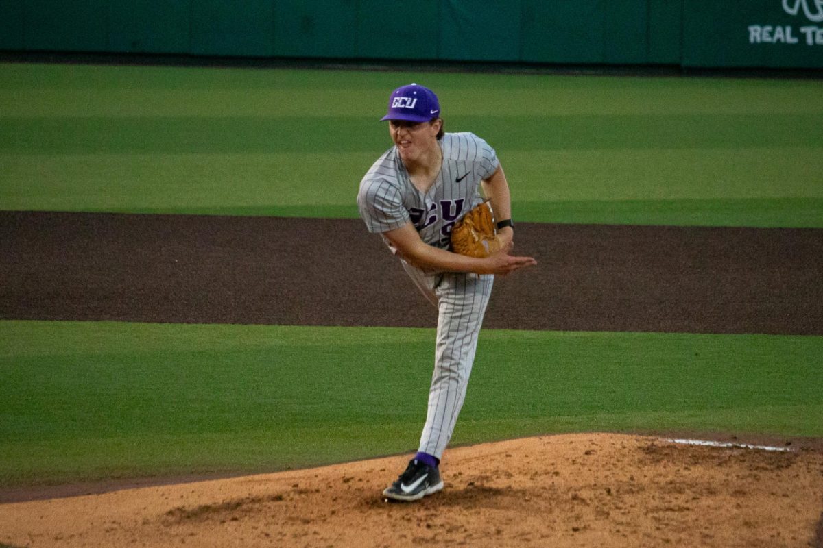 Grand Canyon University junior starting pitcher  Isaac Lyon (9) pitches against Texas State, Friday, Feb. 28, 2025 at Bobcat Ballpark. Bobcats lost to GCU 4-0.