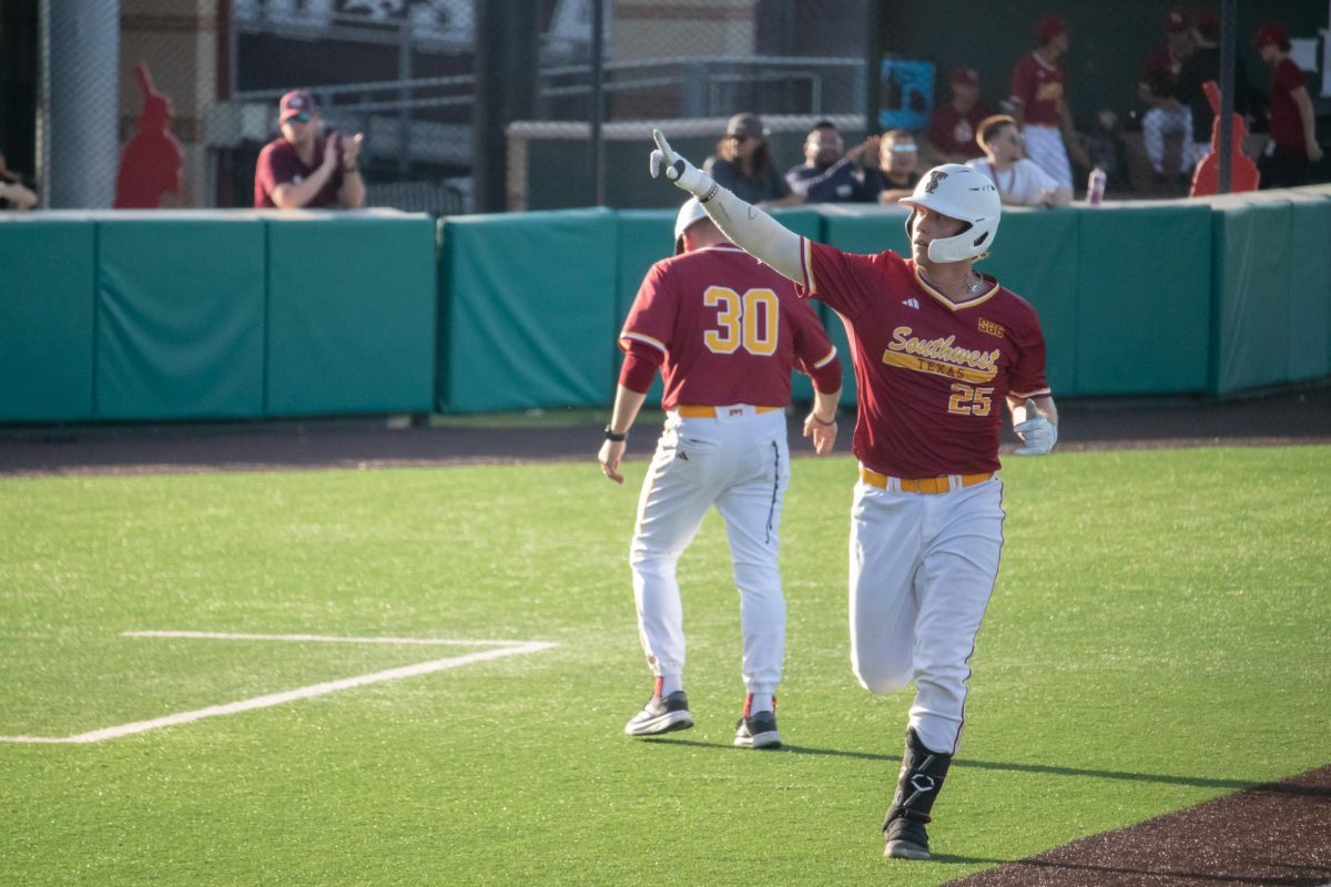 Texas State senior catcher Ian Collier (25) celebrates as he completes a home run, March 18, 2025, at Bobcat Ballpark. The Bobcats were defeated by Baylor in the seventh inning 19-3.