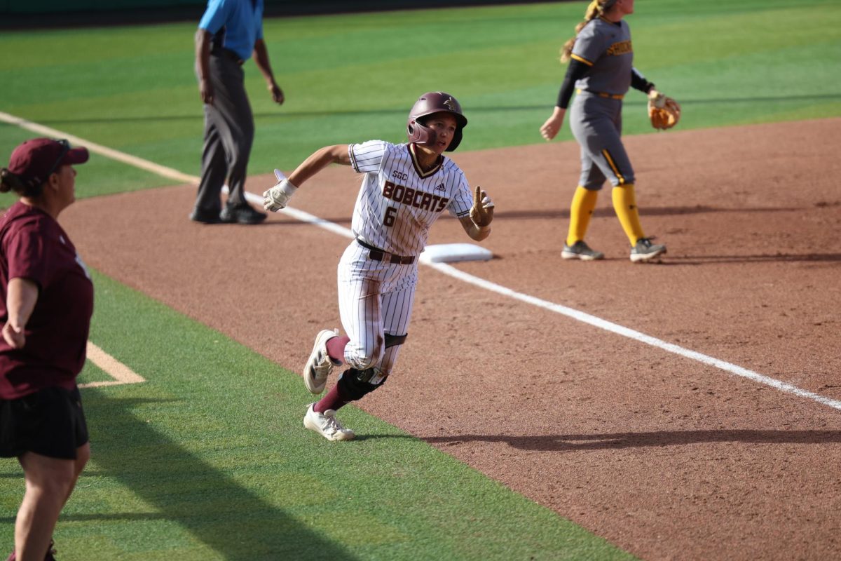 Texas State senior outfielder Ciara Trahan (6) rounding third base to score against Wichita State, Wednesday, March 19th, 2025 at Bobcat Softball Stadium.