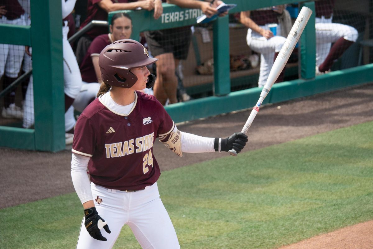 Texas State sophomore infielder Kate Bubela gears up to bat at home plate during the game against Missouri State on Friday, March 8, 2025, at Bobcat Softball Stadium.