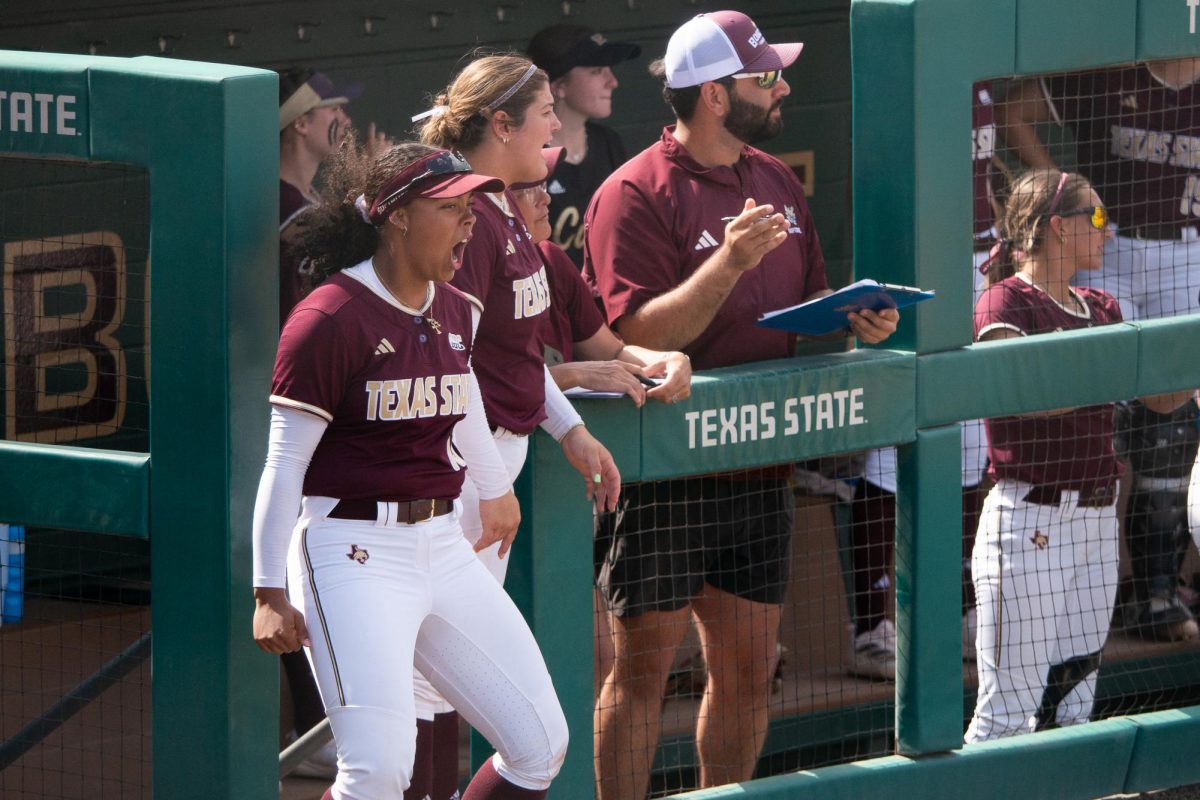 Keely Williams, junior outfielder, celebrates as a play is overturned during the game against Missouri State on Friday, March 8, 2025, at Bobcat Softball Stadium.