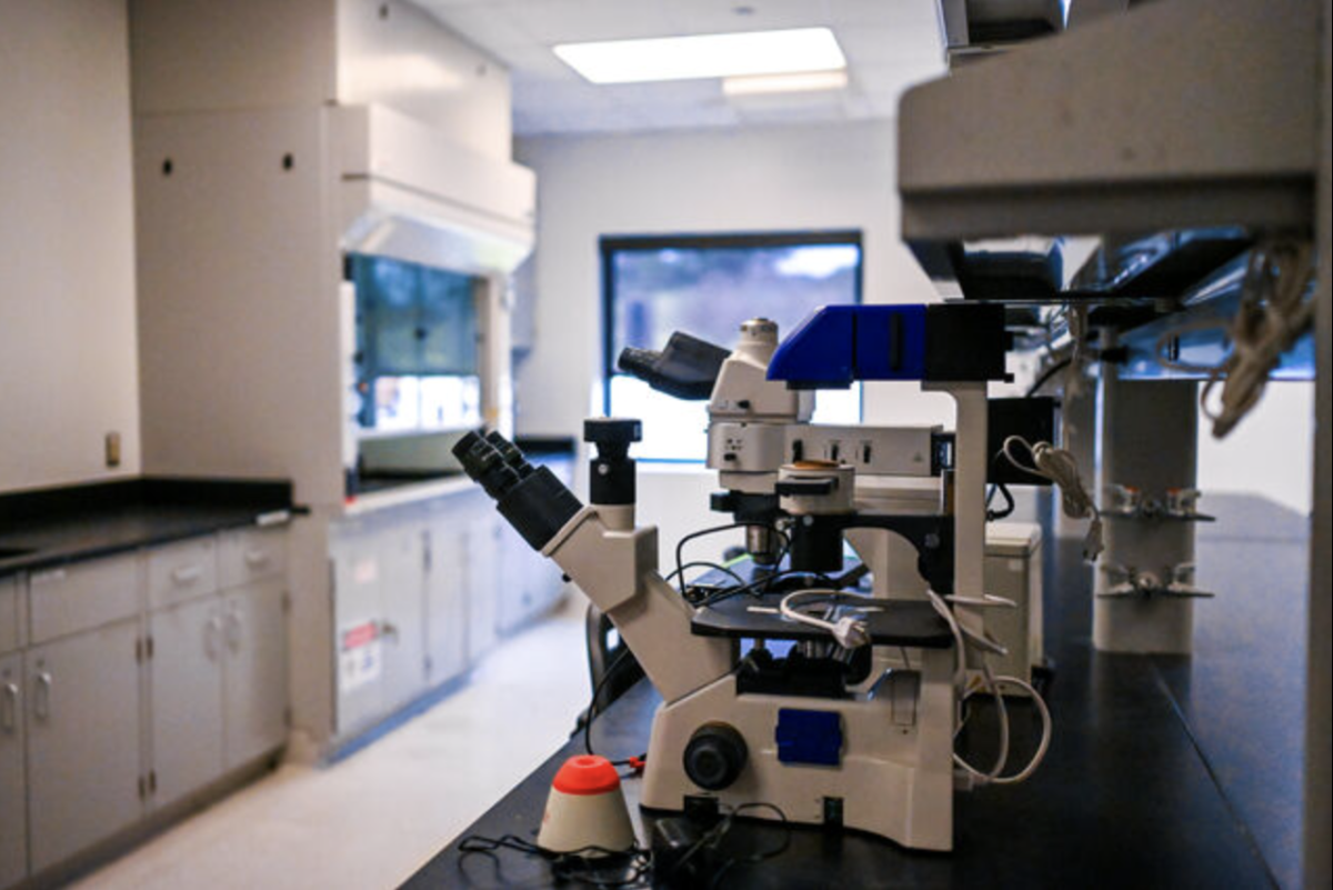 An inverted microscope sits on a table in an empty laboratory at Star One on Wednesday, Feb. 26. Star One is Texas State’s first technology incubator dedicated to research efforts.