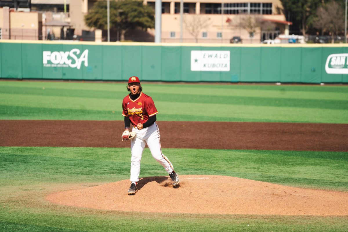 Texas State junior LHP Alex Valentin (7) with a strikeout against Grand Canyon, Sunday, Mar. 2nd, 2025 at Bobcat Ballpark.