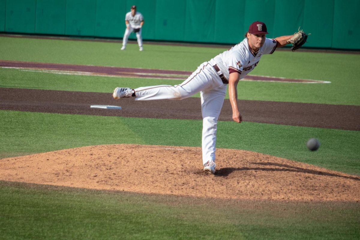 Texas State junior pitcher Colby Diaz (35) throws a pitch against Binghamton, Saturday, Feb. 15, 2025 at Bobcat Ballpark. Bobcats defeated Binghamton 8-7.