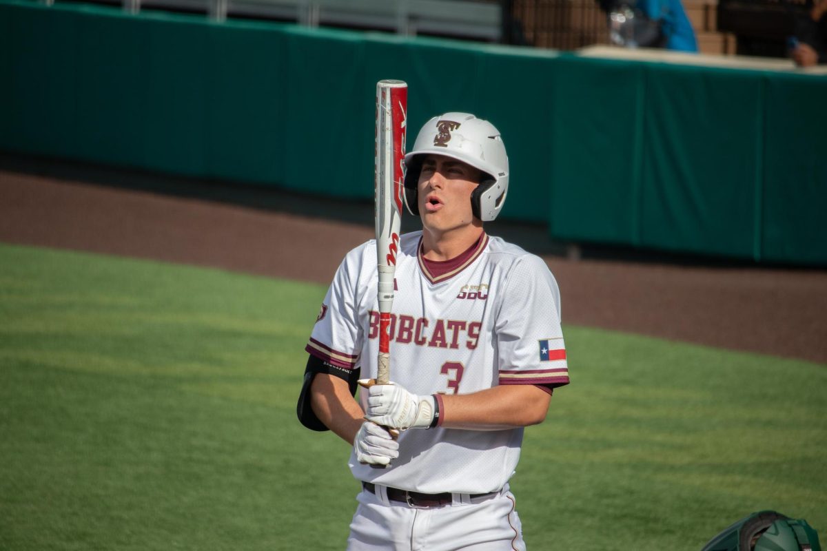 Texas State sophomore short stop Ryan Farber (3) prepares to go up to bat against Binghamton, Saturday, Feb. 15, 2025 at Bobcat Ballpark. Bobcats beat Binghamton 8-7.