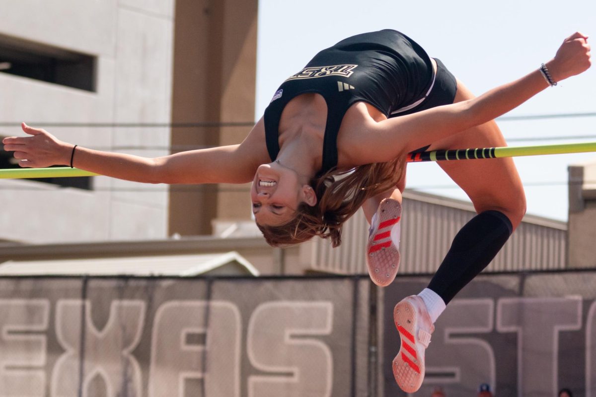 exas State freshman jumper Kendall Lemm clears a high jump during the Charles Austin Classic, Saturday, March 22, 2025, at the track and field stadium. Lemm placed first with a final height of 1.78 meters.
