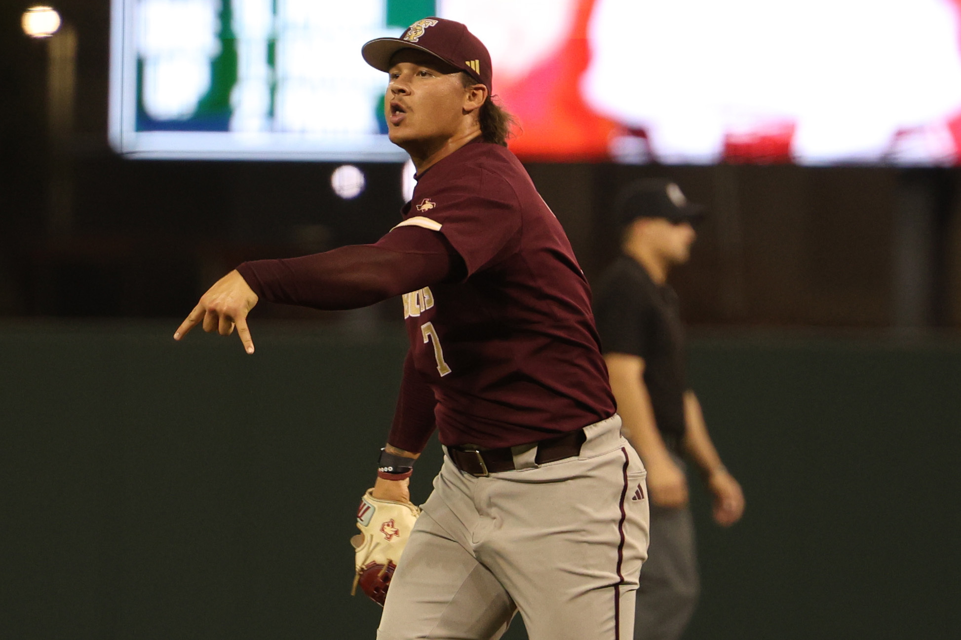 Texas State pitcher Alex Valentin (7) signals a horns down after closing a victory against No.5 UT-Austin, Tuesday, April 1st, 2025 at UFCU Disch-Falk Field. Bobcats beat the Longhorns 5-3.