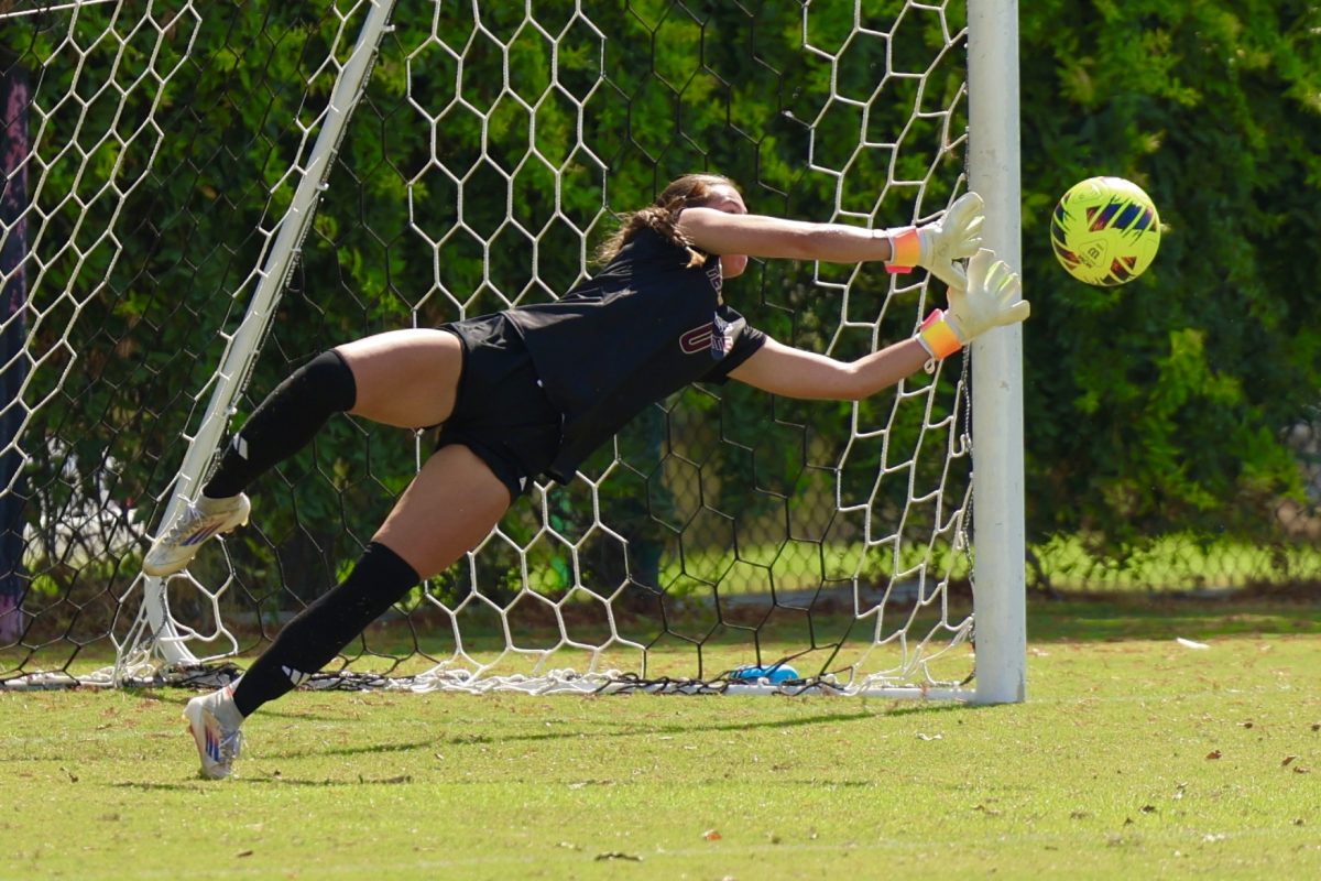 Texas State freshman goalkeeper Brooklyn Escobar (0) blocking a shot from Arizona State, 24 Aug. 2025, at Bobcat Soccer Complex.