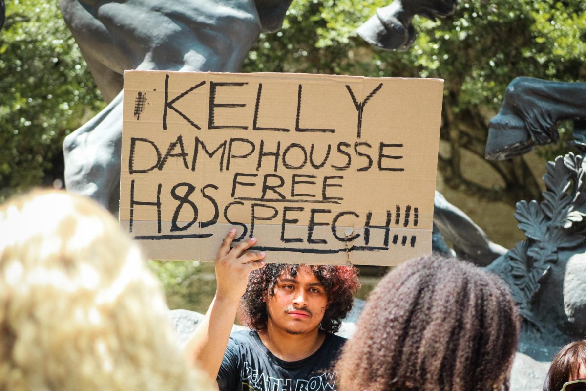 Students protest against the termination of Associate History Professor Thomas Alter, Thursday, Sept. 11, 2025, at The Stallions.