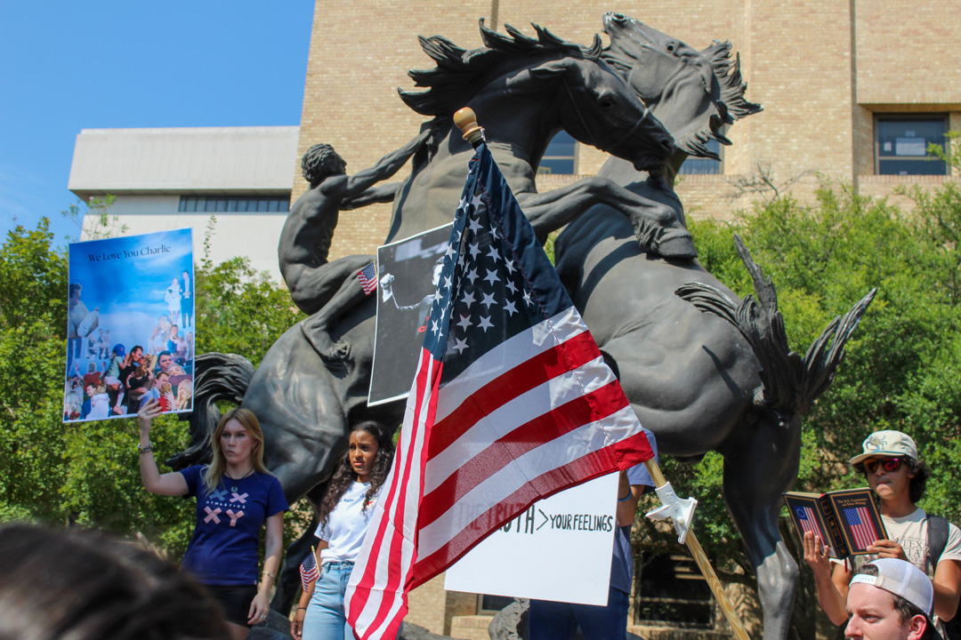 Students from Turning Point USA at Texas State hold a memorial on Monday, Sept. 16, 2025, at The Stallions. The memorial commemorates Charlie Kirk, a conservative activist, who was assassinated in Utah.