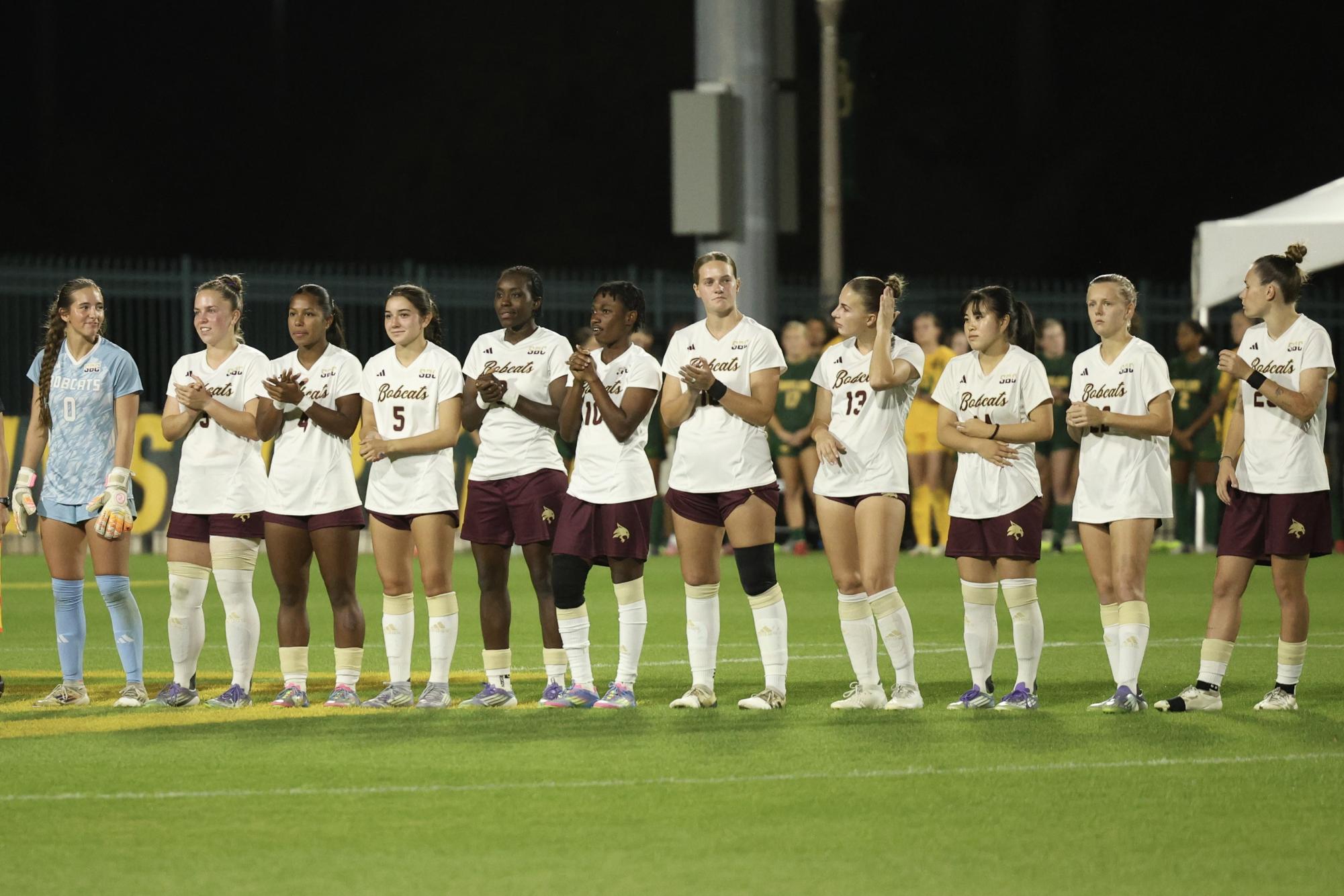 The Texas State soccer starting eleven lined up midfield prior to kicking off their NCAA Tournament game against the Baylor Bears, Friday, Nov. 14, 2025, at Betty Lou Mays Field in Waco, Texas.