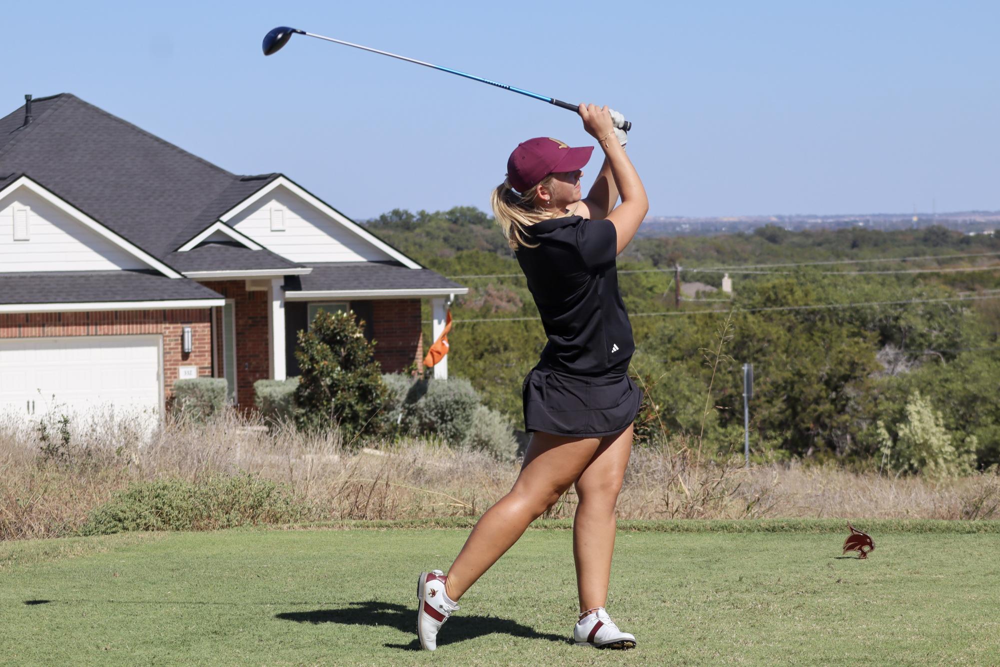Texas State sophomore Fia Lindblom drives the ball at the Jim West Challenge Sunday, Oct. 19, 2025, at the Kissing Tree Golf Club.