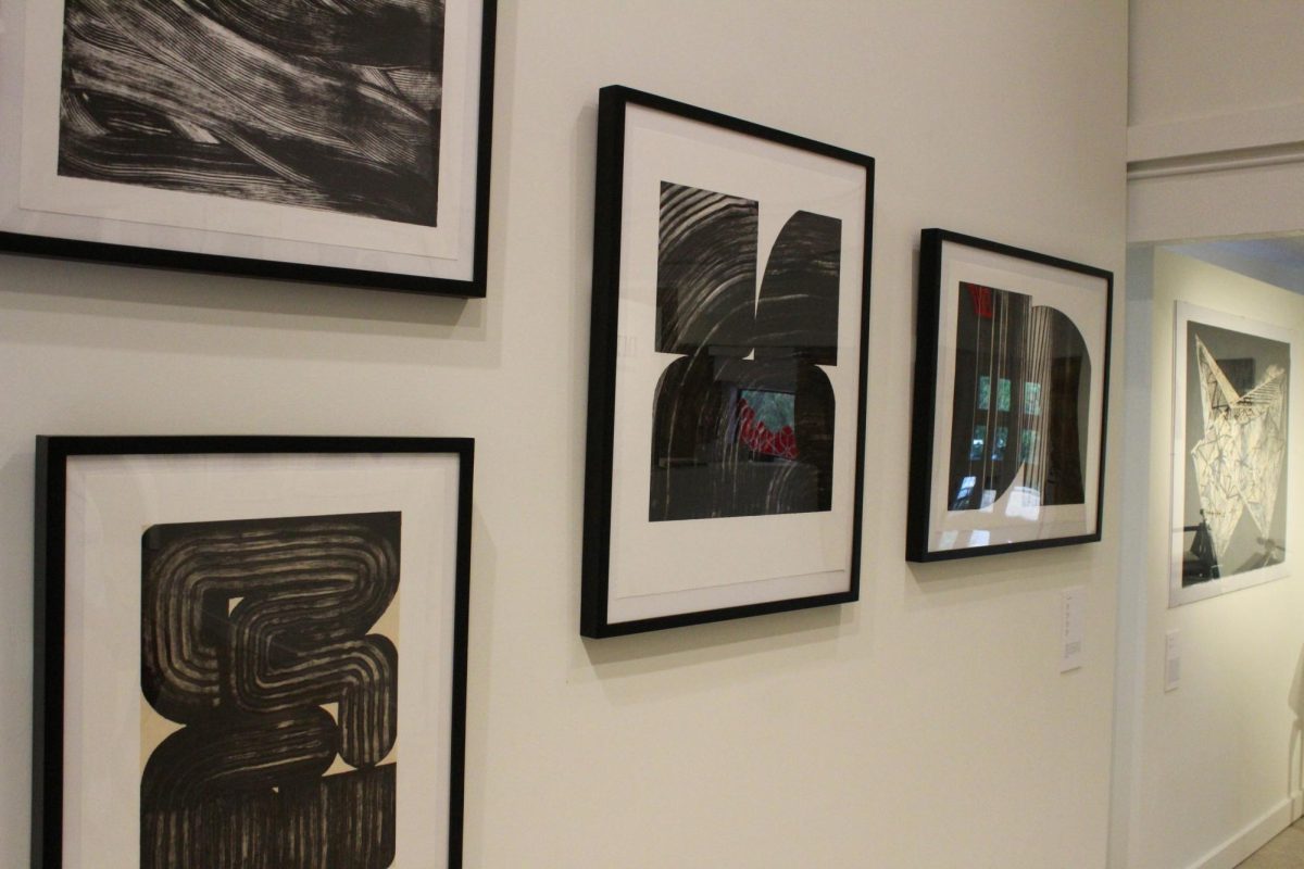 The pieces "Bridge," "Engram," Efface" and "Wading" by Elvia Perrin, Saturday, Nov. 22, 2025, located at ARTSPACE in Wimberley, Texas. These pieces were made using the printmaking process Collography.