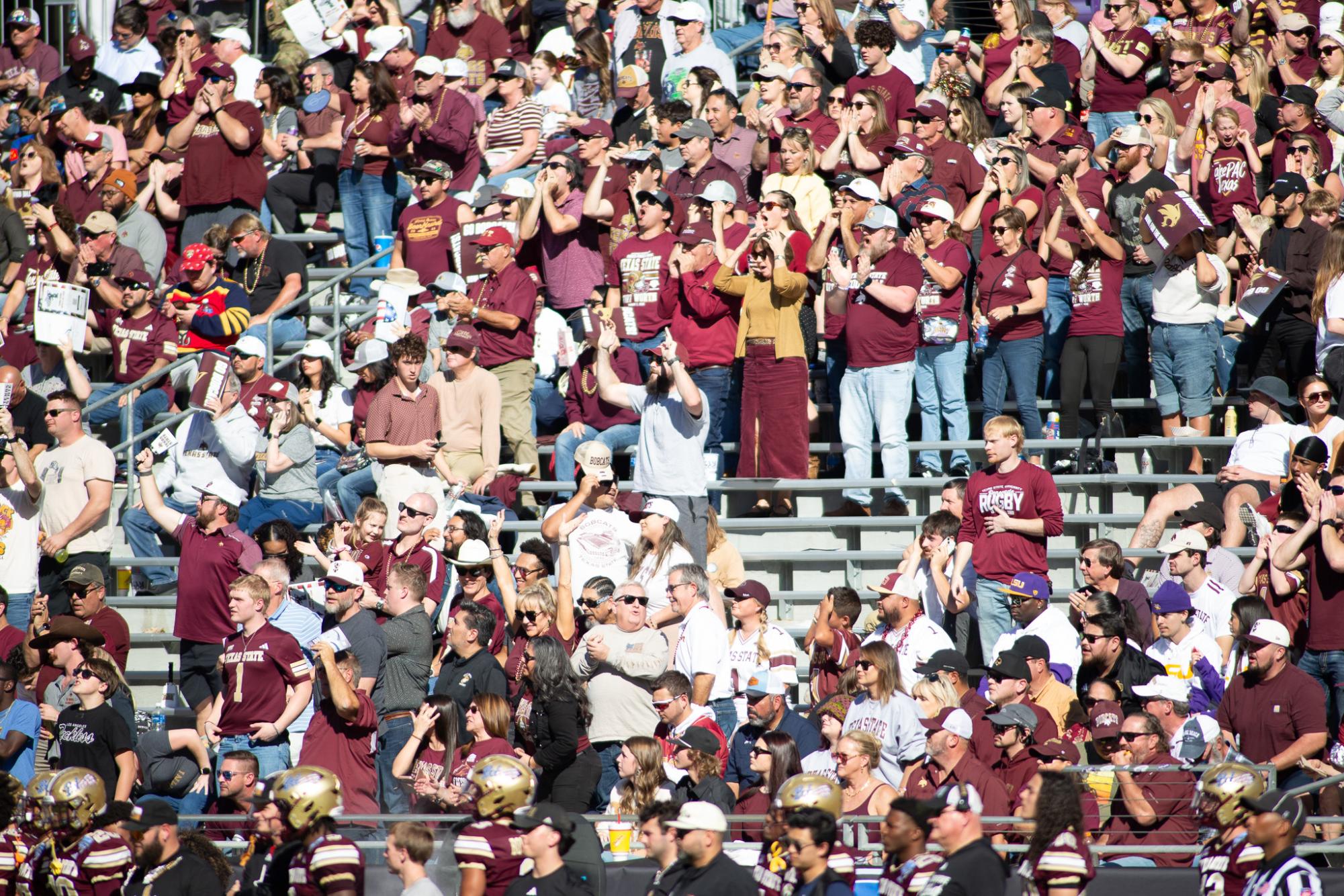 Texas State fans cheer on the Bobcats at the Armed Forces Bowl, Friday, Jan. 2, 2026, at the Amon G. Carter Stadium. Bobcats won 41-10.
