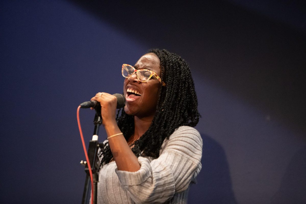 Texas State psychology freshman Femi Obasa sings at A Century of Creativity: Black Voices and Vision on Wednesday, Feb. 3, 2026, at George's.