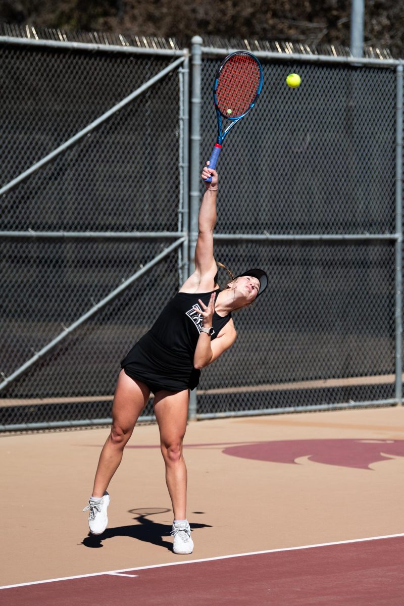 Texas State senior Ireland Simme returns the ball against New Mexico State, Friday, Feb. 6, 2026 at Bobcat Tennis Complex.
