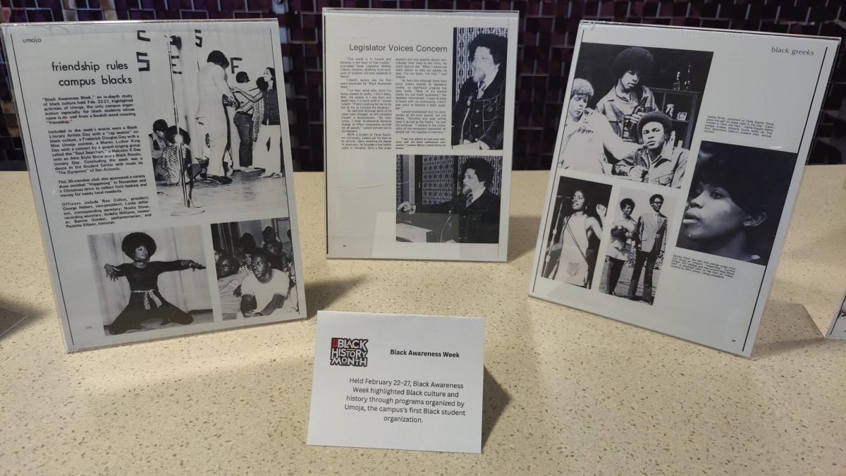 Frames display information about “Black Awareness Week,” which highlighted activities led by Umoja, and the club’s other events, Monday, Feb. 23, 2026, on the third floor of Alkek Library. Umoja, meaning “unity” in Swahili, was the first campus organization for Black students.
