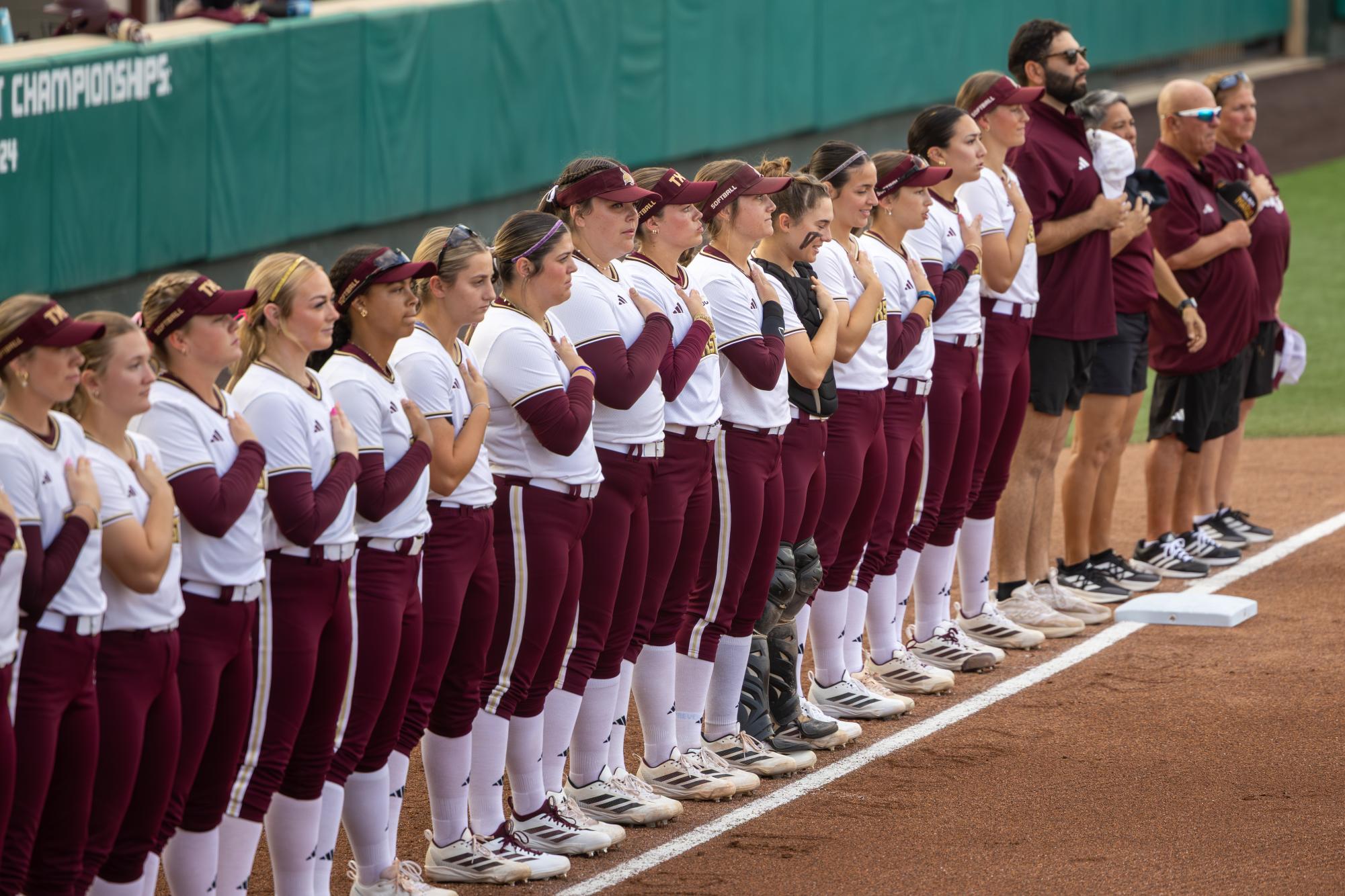 Texas State softball lines up for the National Anthem prior to first pitch against No. 18 Clemson, Thursday, Feb. 12, 2026, at Bobcat Softball Stadium. The Bobcats shutout the Tigers 4-0.