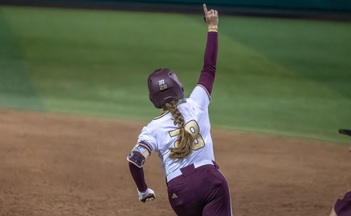 Texas State junior second basemen Katarina Zarate (28) rounds the bases after a solo home run against No. 18 Clemson, Thursday, Feb. 12, 2026 at Bobcat Softball Stadium. The Bobcats shutout the Tigers 4-0.