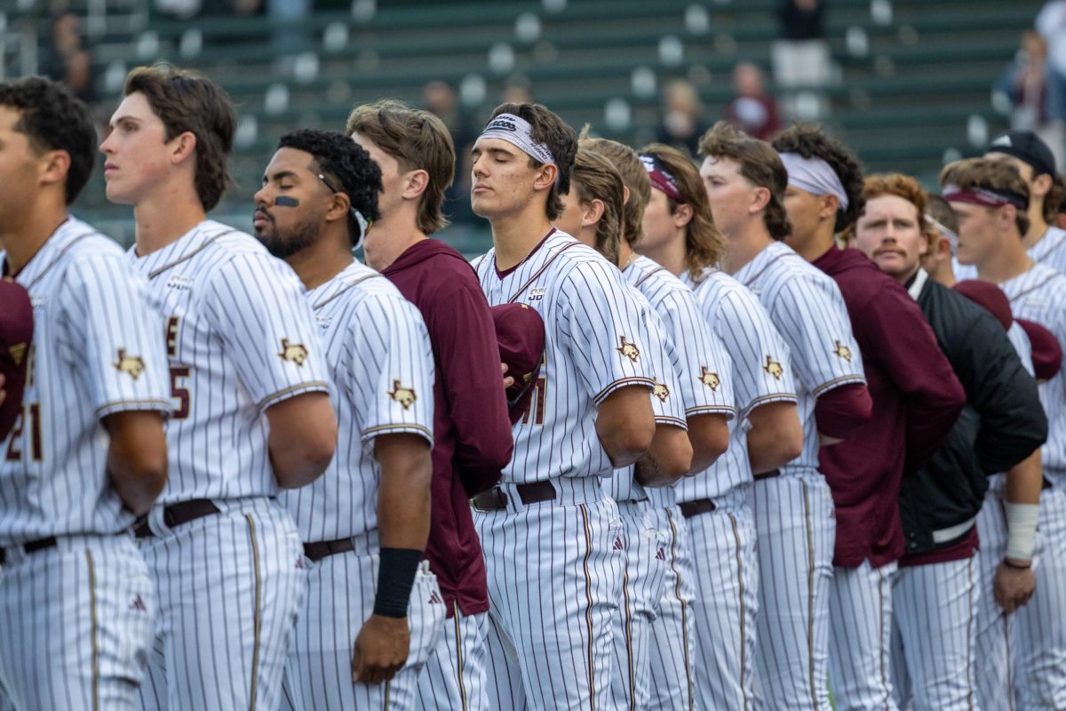 Texas State baseball participates in the National Anthem prior to first pitch against Gonzaga, Friday, Feb. 20, 2026, at Bobcat Ballpark. The Bobcats won 8-6.