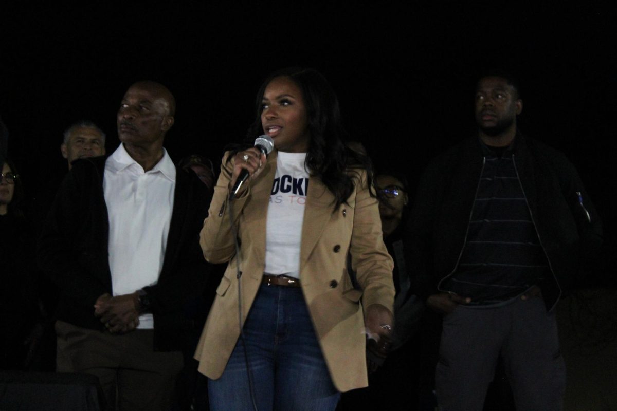 U.S. Congresswoman Jasmine Crockett speaks to a crowd of Texas State students, Tuesday, Feb. 24, 2026, on Bobcat Trail. The event was organized by various student organizations at Texas State.