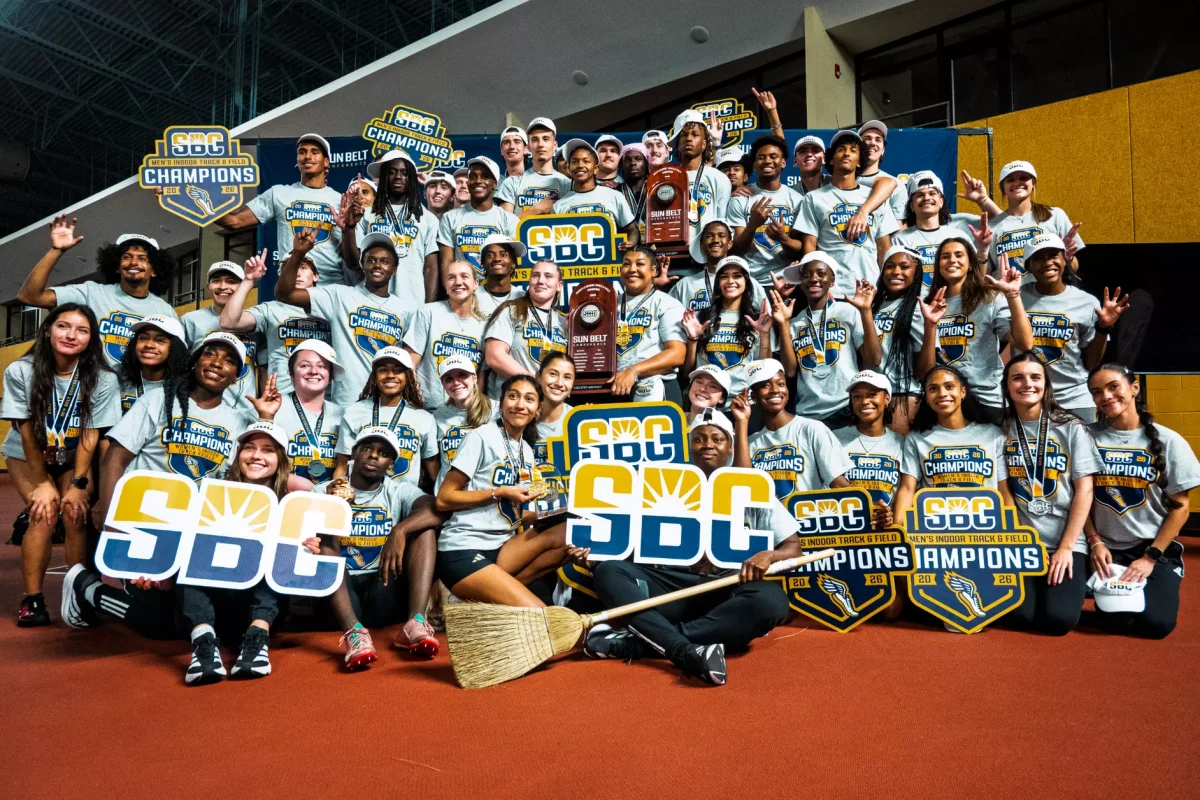 The Texas State men's and women's track & field teams pose with the Sun Belt Conference Championship trophies, Tuesday, Feb. 24, 2026 at Birmingham Crossplex in Birmingham, Ala. 