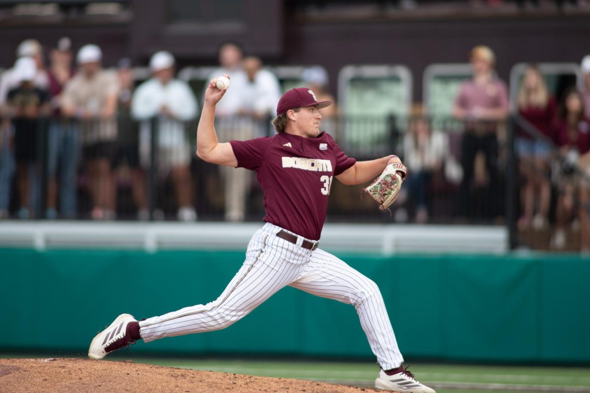 Texas State senior pitcher Shane Connell (31) throws a pitch against Texas Tuesday, March 10, 2026, at Bobcat Ballpark.