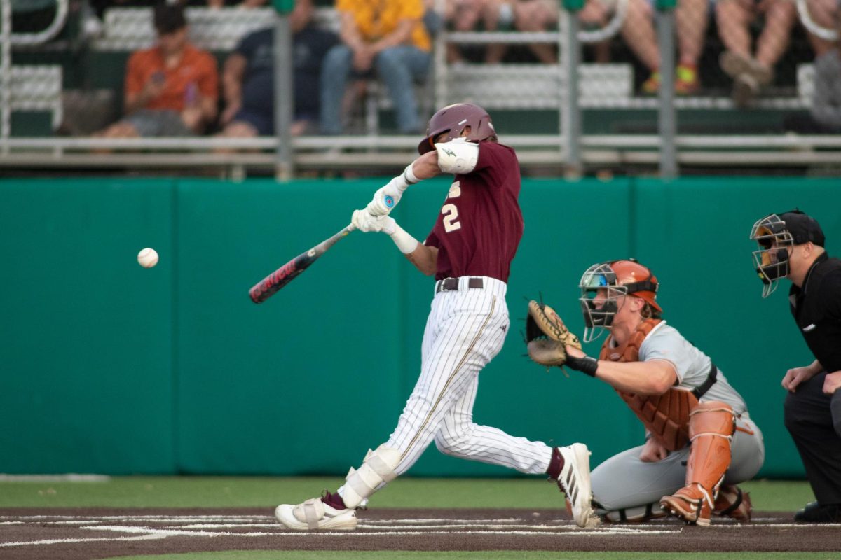 Texas State senior third basemen Chase Mora (2). swings at a pitch againt Texas Tuesday, March 10, 2026, at Bobcat Ballpark.
