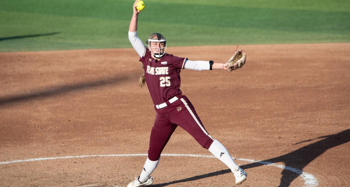 Texas State senior pitcher Emma Strood (25) pitches against Kansas City, Thursday, Feb. 19, 2026, at Bobcat Softball Stadium. Texas State won 7-6.