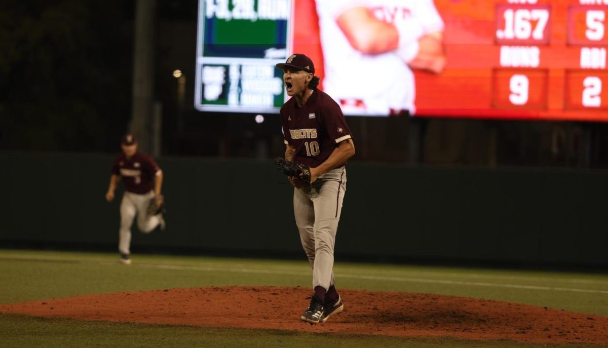 Texad State junior pitcher Matthew Tippie screams after getting out of an inning against the #5 Texas Longhorns, Tuesday, April 1, 2025, at Disch Falk Field in Austin. The Bobcats won 5-3