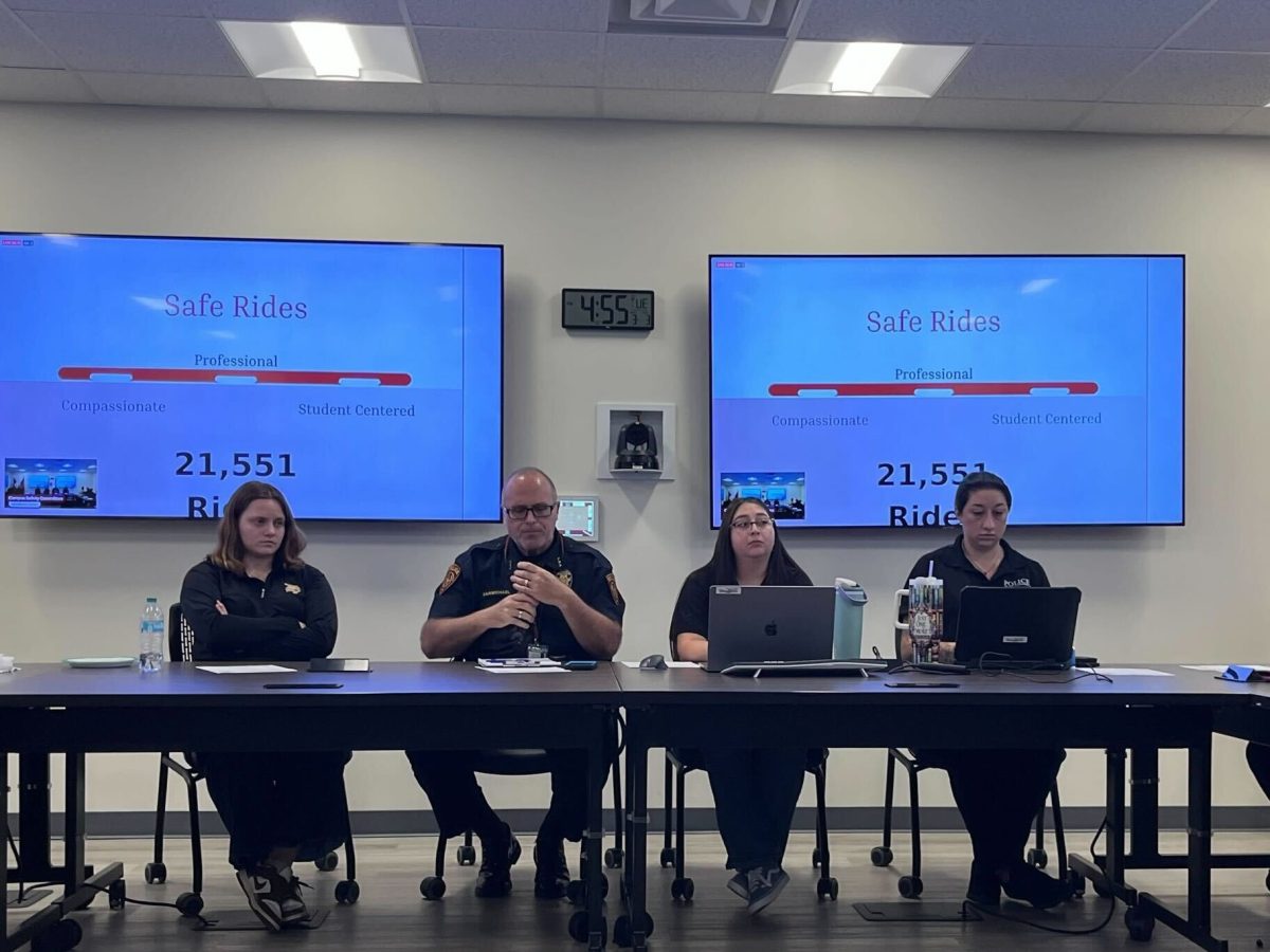 Student Body President Myers (left), Chief Carmichael (left center), Alternative Program Coordinator Hoyt (right center), and Communications and Records Supervisor Garcia (right), discuss the Campus Safety Committee agenda, Tuesday, March 3, 2026, in the Pecan Building. 