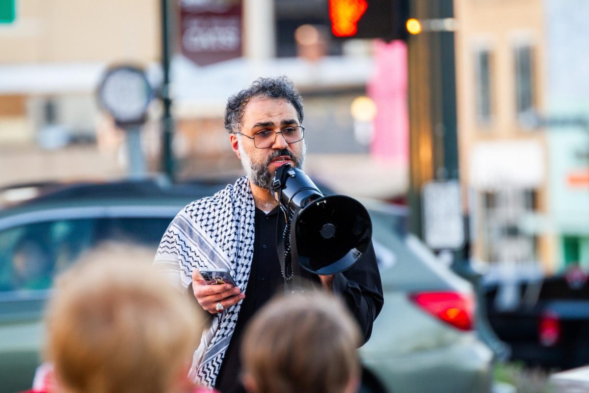 Assistant Professor of Instruction for Physics Saeed Moshfegh gives a speech condemning the U.S.-Iran conflict, during the PSLSMTX protest against the U.S.-Iran conflict, Monday, March 2, 2026, at the Hays County Courthouse.