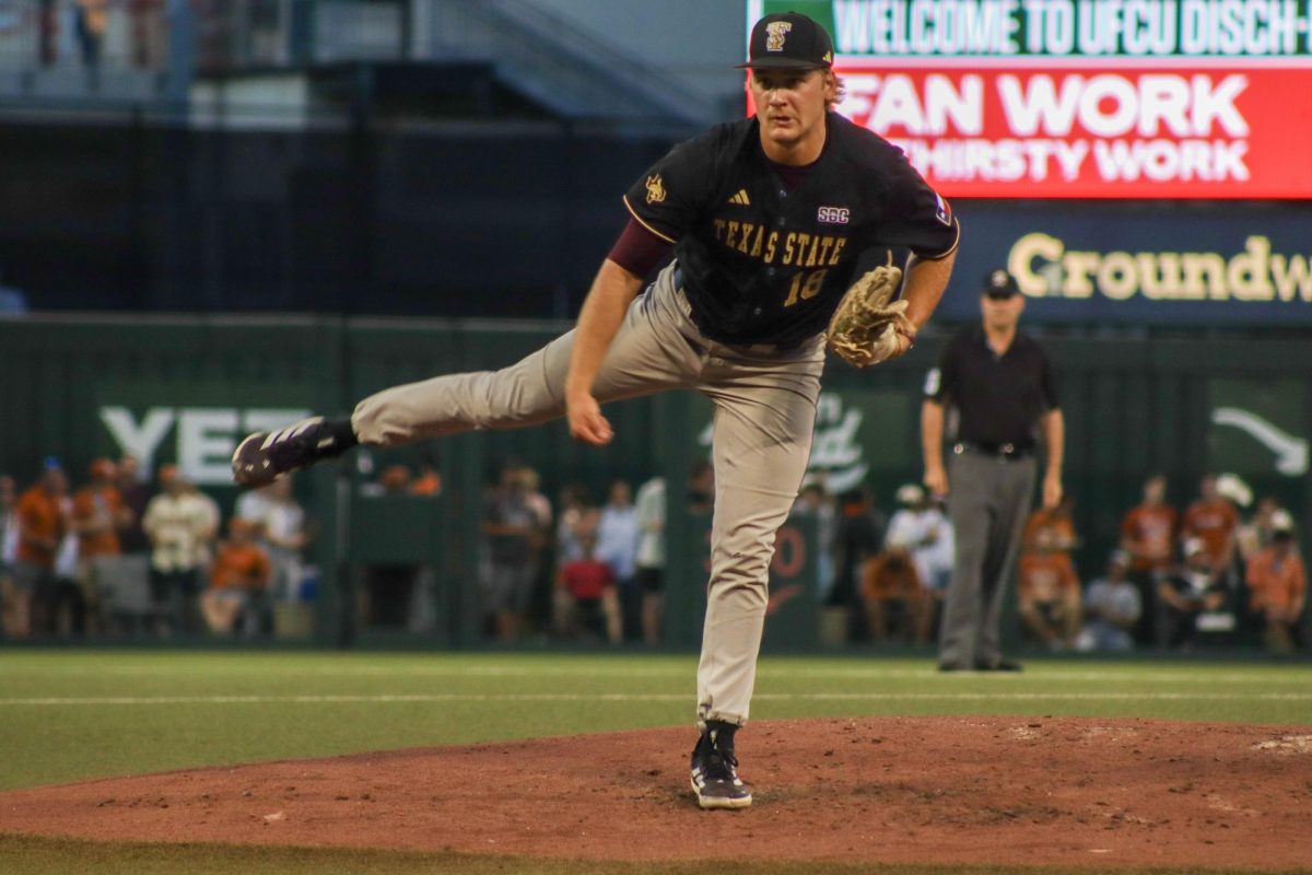 Texas State redshirt senior Dylan Kerbow (18) pitches during the game, Tuesday, March 31, 2026, at UFCU Disch-Falk Field. The Bobcats lost 10-8 against No. 2 Texas.