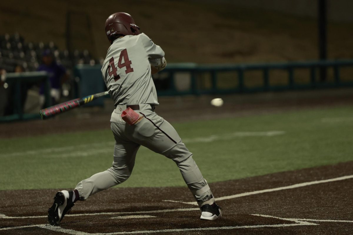 Texas State freshman outfielder Jackson Cotton (44) swings at a pitch against Tarleton State, Saturday, Feb. 28, 2026, at La Moderna Field in Cleburne, Texas. The Bobcats won 9-4.