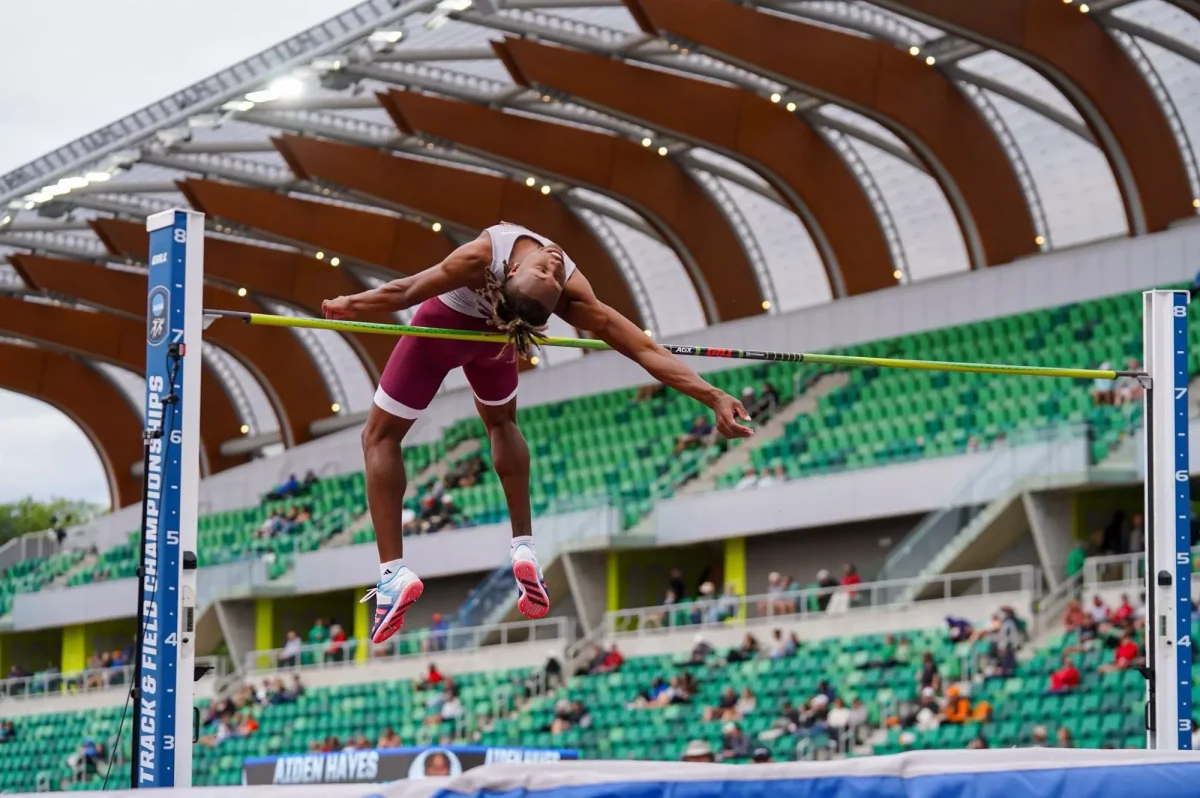 Texas State high jumper Aiden Hayes attemots a jump at the NCAA Indoor Championships.